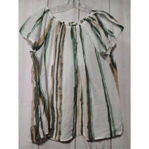 Caslon Shirt Ladies Large White Green Striped‎ Off Shoulder Semi Sheer